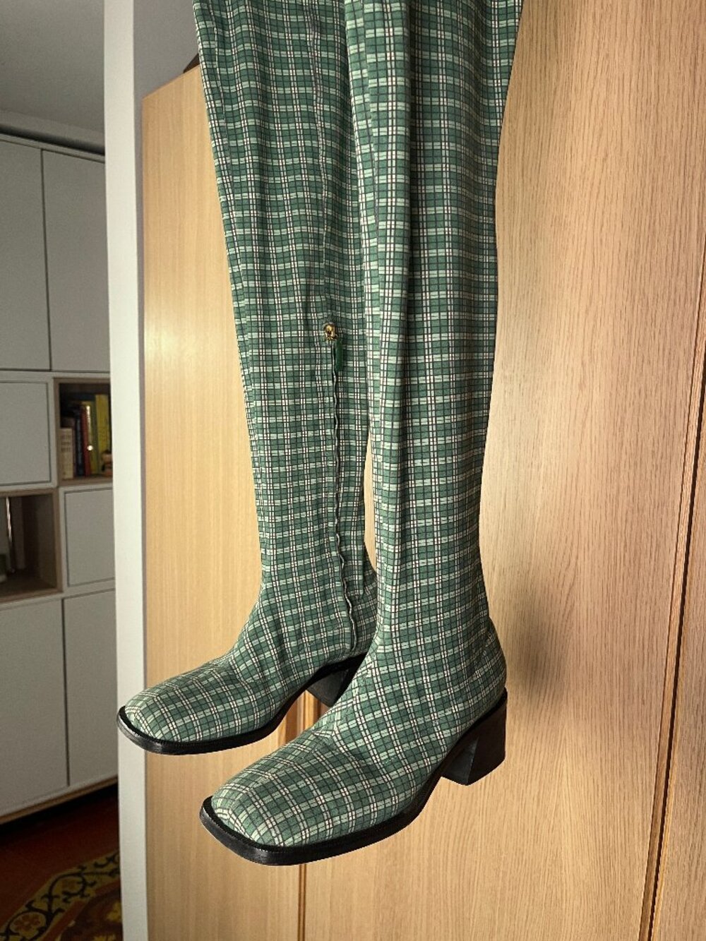 Suzanne Rae Green Plaid Thigh-High Boots, Size 39 - Made in Italy, Side Zip - Picture 9 of 14